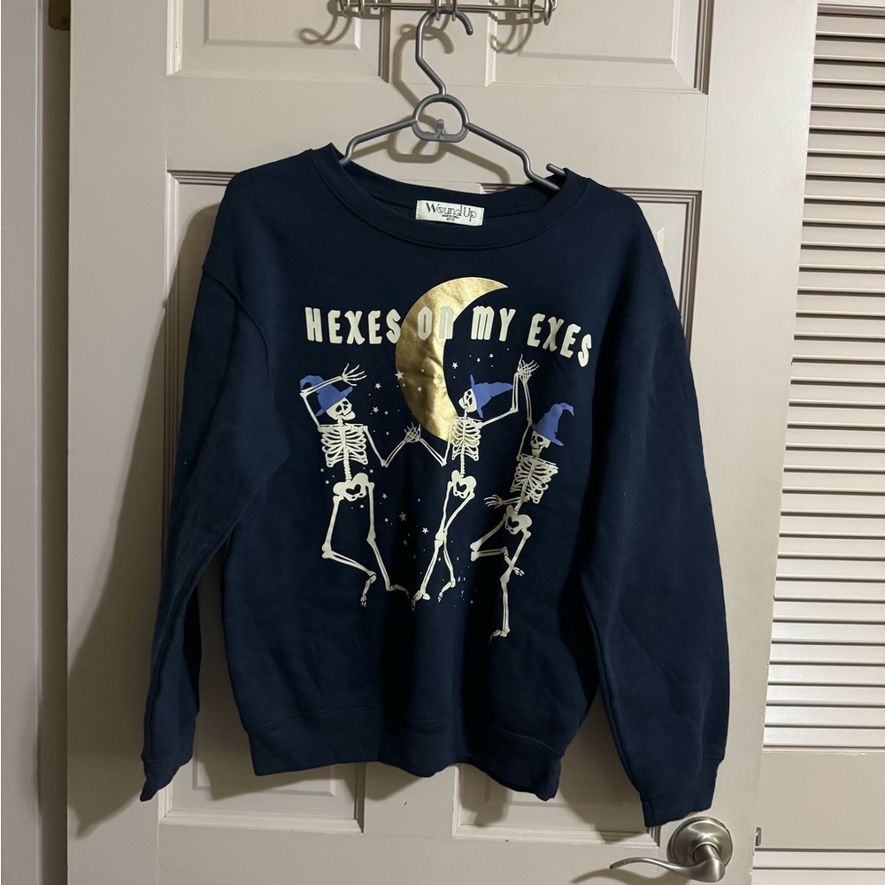 Wound Up Women Skeleton Hexes on My Exes Navy Blue Sz M 7-9 Halloween Sweatshirt